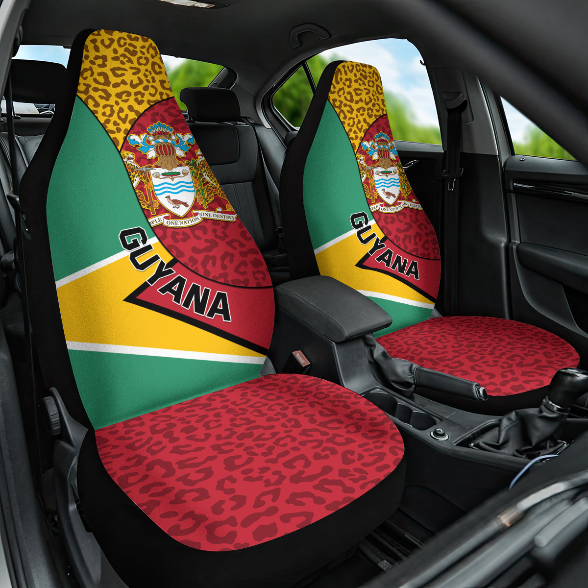 Guyana Republic Day Car Seat Cover Coat Of Arms Leopard Pattern - Wonder Print Shop