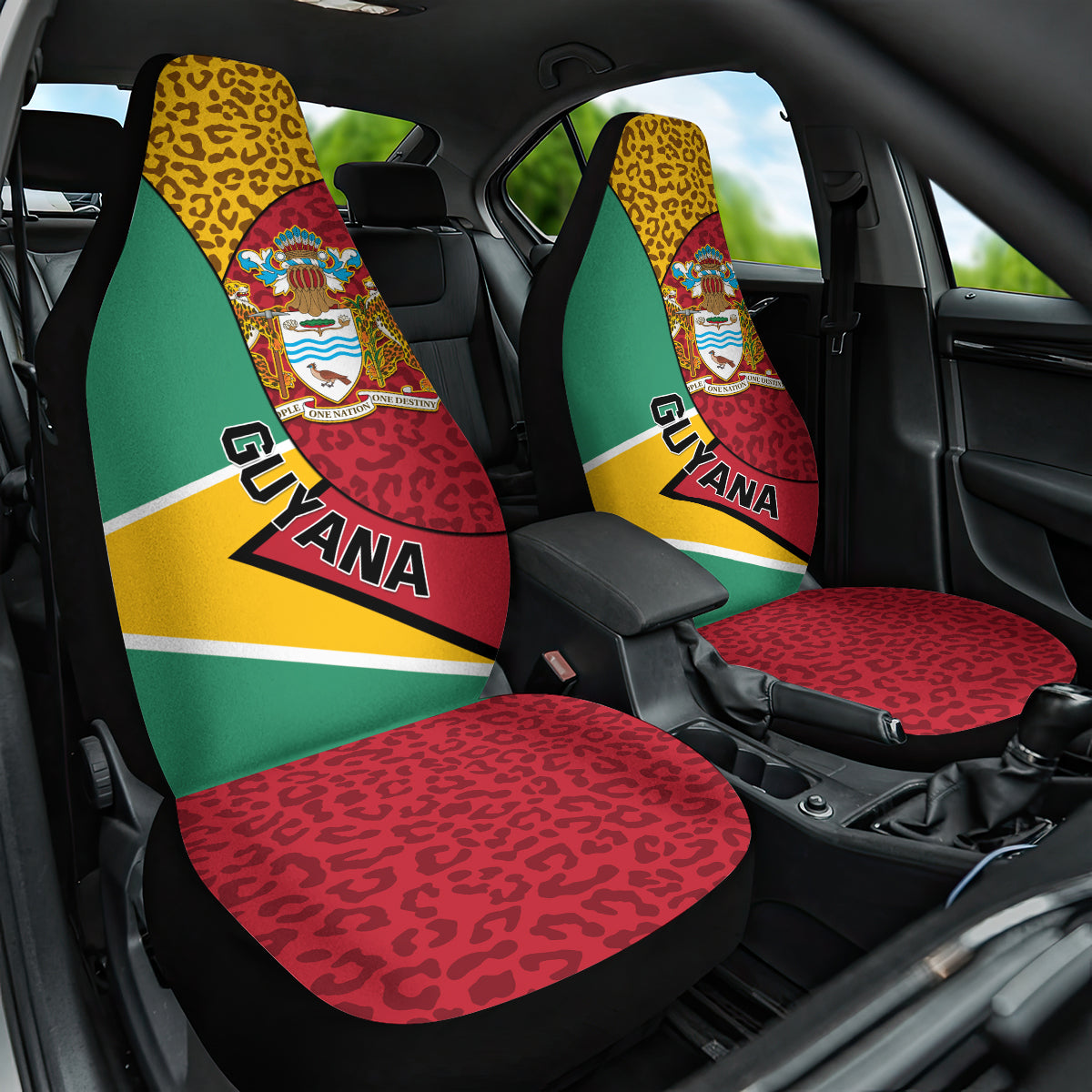Guyana Republic Day Car Seat Cover Coat Of Arms Leopard Pattern