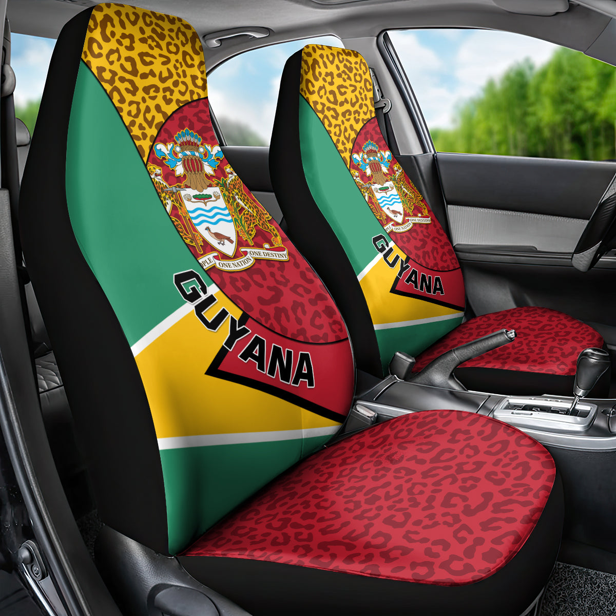 Guyana Republic Day Car Seat Cover Coat Of Arms Leopard Pattern - Wonder Print Shop