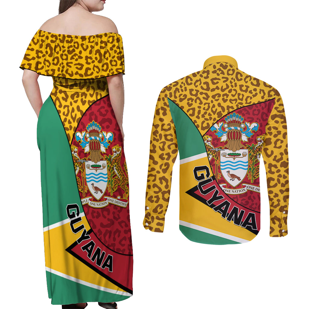 Guyana Republic Day Couples Matching Off Shoulder Maxi Dress and Long Sleeve Button Shirt Coat Of Arms Leopard Pattern - Wonder Print Shop