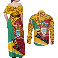 Guyana Republic Day Couples Matching Off Shoulder Maxi Dress and Long Sleeve Button Shirt Coat Of Arms Leopard Pattern - Wonder Print Shop