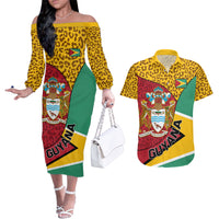 Guyana Republic Day Couples Matching Off The Shoulder Long Sleeve Dress and Hawaiian Shirt Coat Of Arms Leopard Pattern - Wonder Print Shop