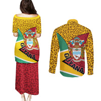 Guyana Republic Day Couples Matching Puletasi and Long Sleeve Button Shirt Coat Of Arms Leopard Pattern - Wonder Print Shop