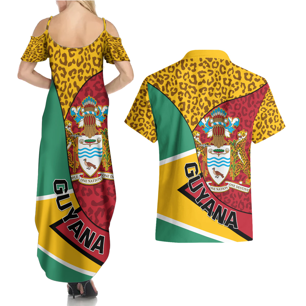 Guyana Republic Day Couples Matching Summer Maxi Dress and Hawaiian Shirt Coat Of Arms Leopard Pattern - Wonder Print Shop