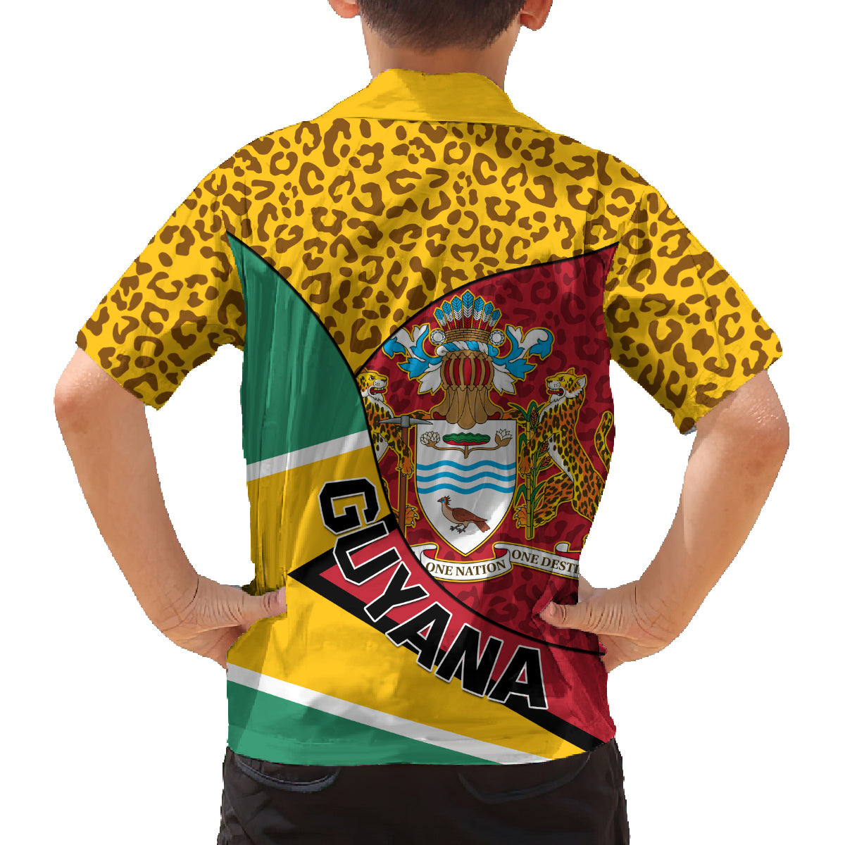 Guyana Republic Day Family Matching Long Sleeve Bodycon Dress and Hawaiian Shirt Coat Of Arms Leopard Pattern - Wonder Print Shop