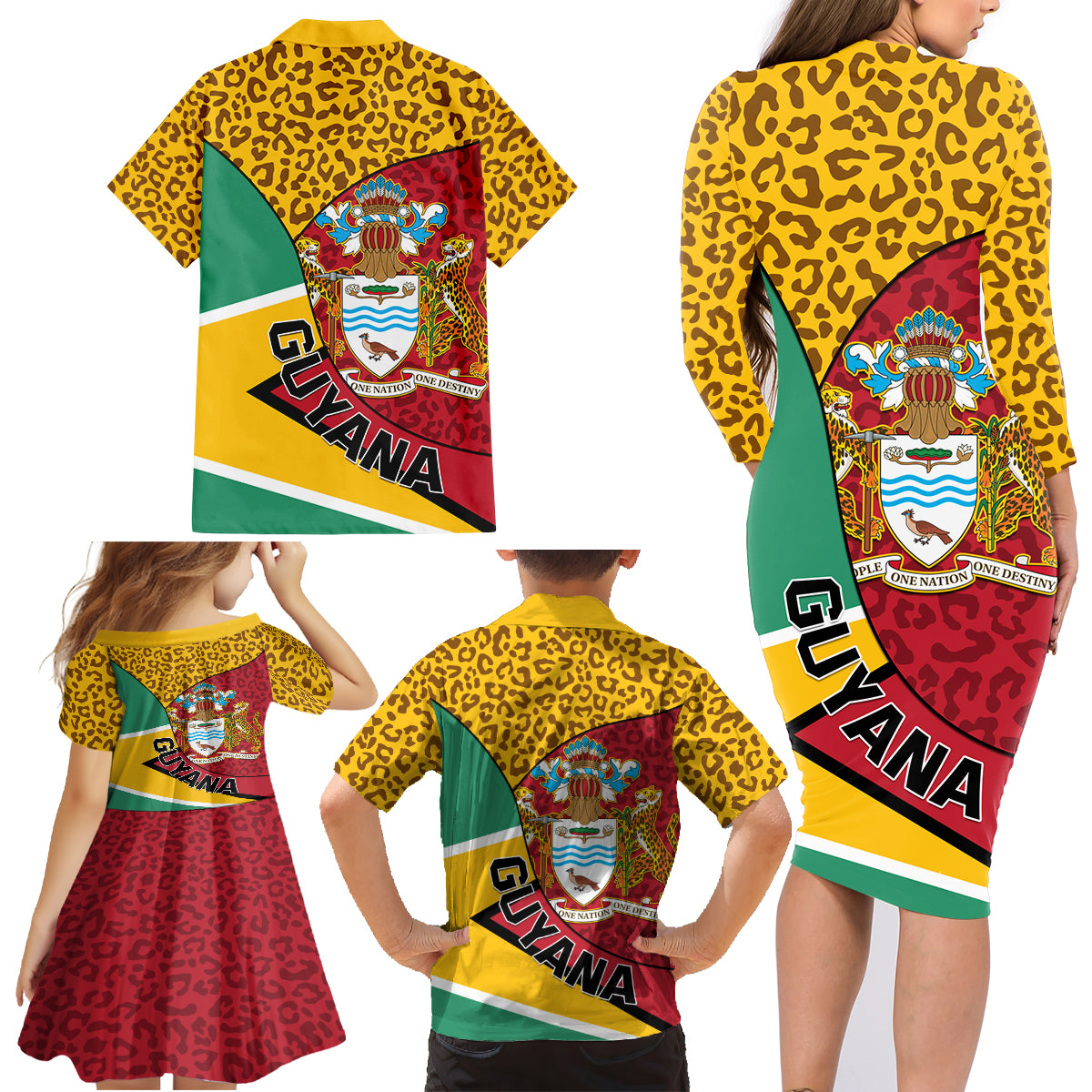 Guyana Republic Day Family Matching Long Sleeve Bodycon Dress and Hawaiian Shirt Coat Of Arms Leopard Pattern - Wonder Print Shop