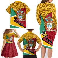Guyana Republic Day Family Matching Long Sleeve Bodycon Dress and Hawaiian Shirt Coat Of Arms Leopard Pattern - Wonder Print Shop