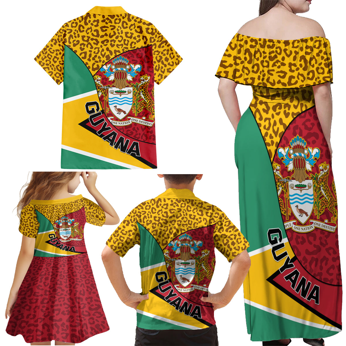 Guyana Republic Day Family Matching Off Shoulder Maxi Dress and Hawaiian Shirt Coat Of Arms Leopard Pattern - Wonder Print Shop