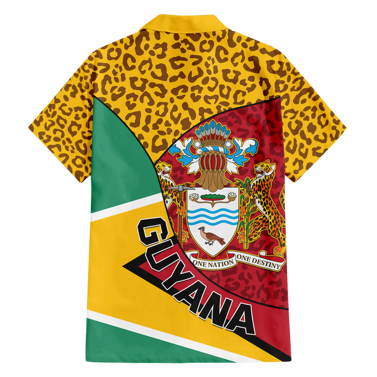 Guyana Republic Day Family Matching Off Shoulder Maxi Dress and Hawaiian Shirt Coat Of Arms Leopard Pattern - Wonder Print Shop