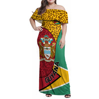 Guyana Republic Day Family Matching Off Shoulder Maxi Dress and Hawaiian Shirt Coat Of Arms Leopard Pattern - Wonder Print Shop