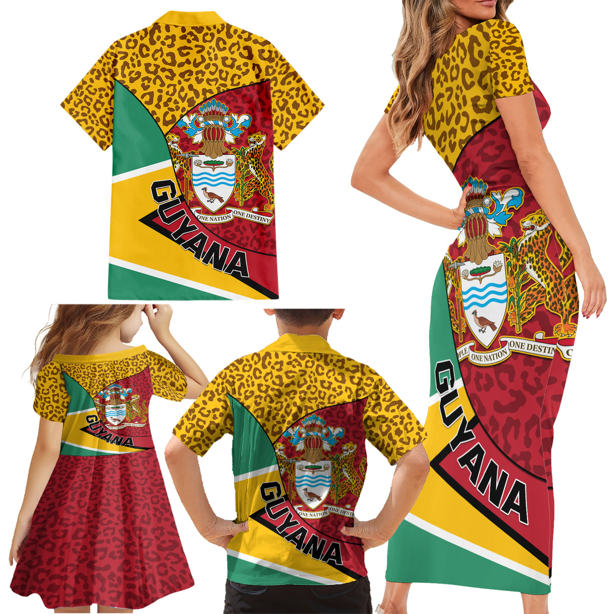 Guyana Republic Day Family Matching Short Sleeve Bodycon Dress and Hawaiian Shirt Coat Of Arms Leopard Pattern - Wonder Print Shop