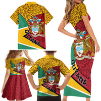 Guyana Republic Day Family Matching Short Sleeve Bodycon Dress and Hawaiian Shirt Coat Of Arms Leopard Pattern - Wonder Print Shop