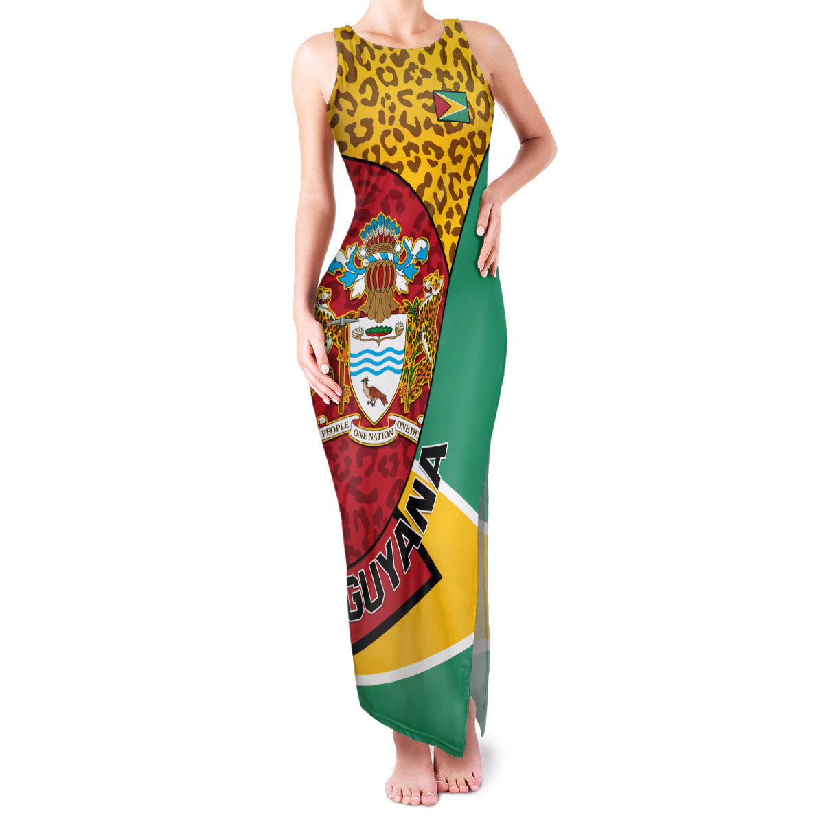 Guyana Republic Day Family Matching Tank Maxi Dress and Hawaiian Shirt Coat Of Arms Leopard Pattern - Wonder Print Shop