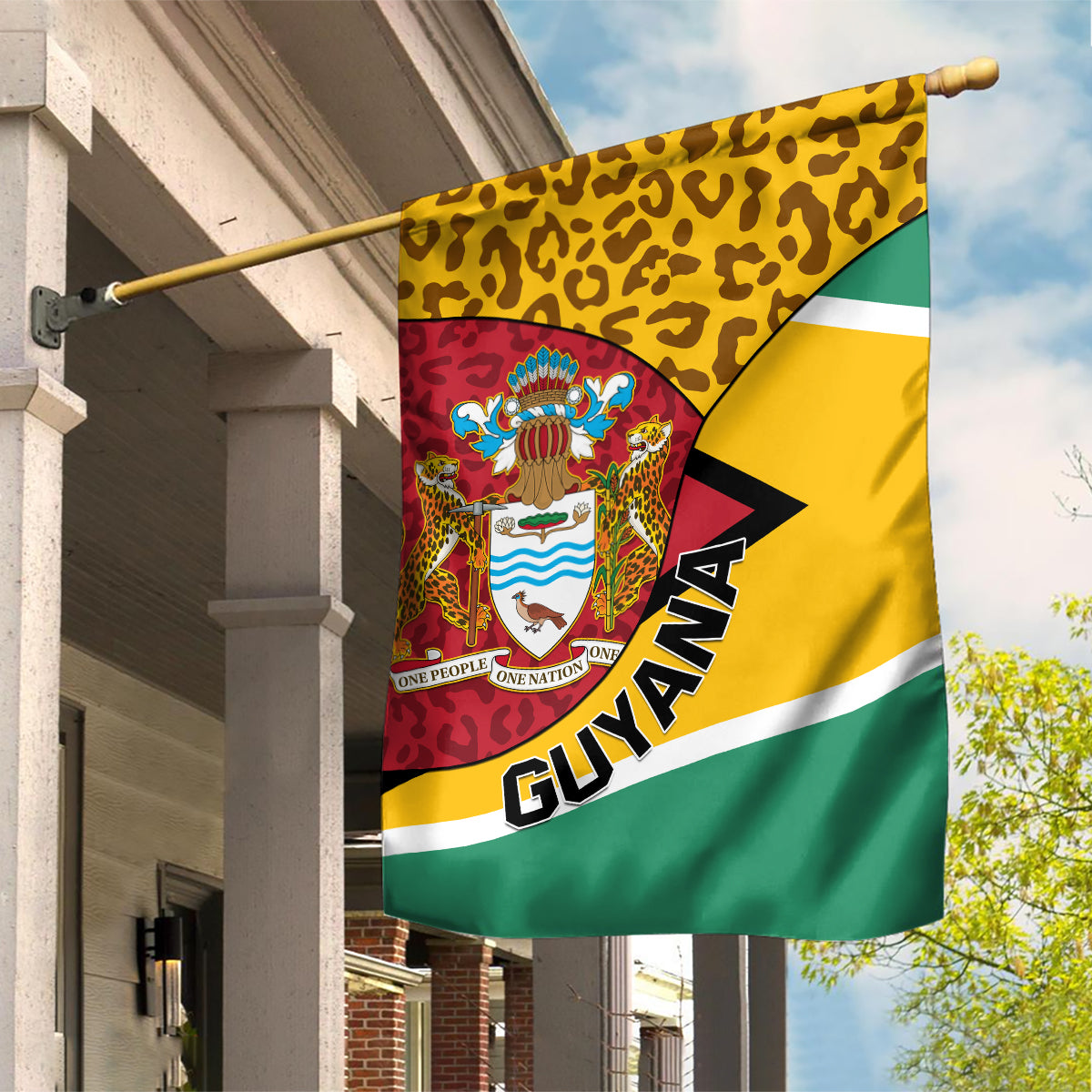Guyana Republic Day Garden Flag Coat Of Arms Leopard Pattern - Wonder Print Shop