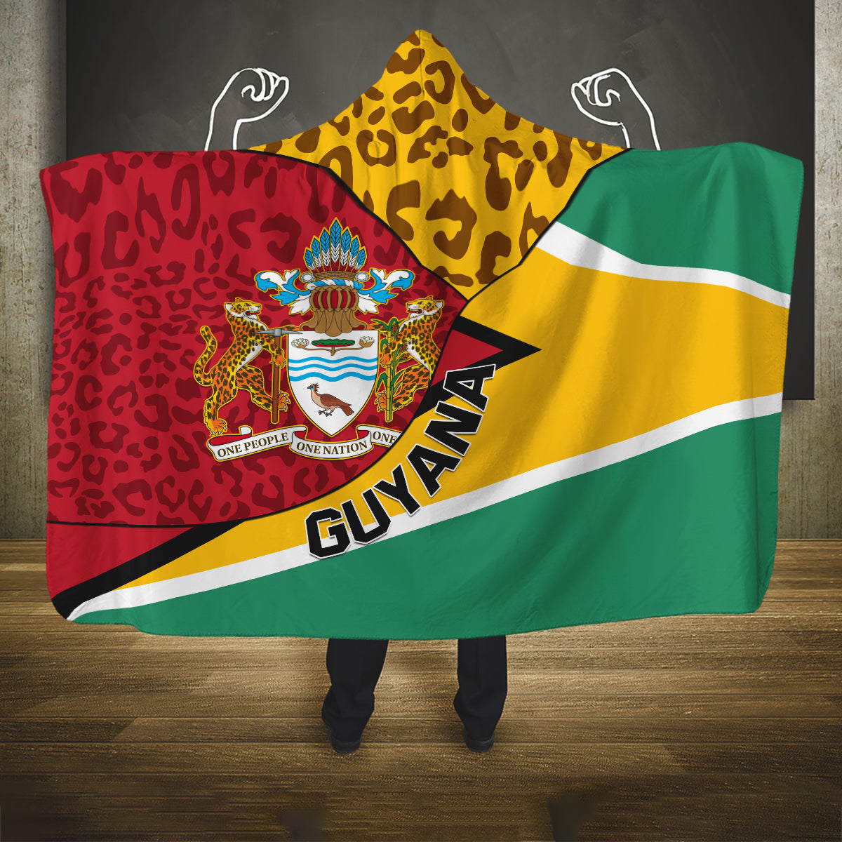 Guyana Republic Day Hooded Blanket Coat Of Arms Leopard Pattern