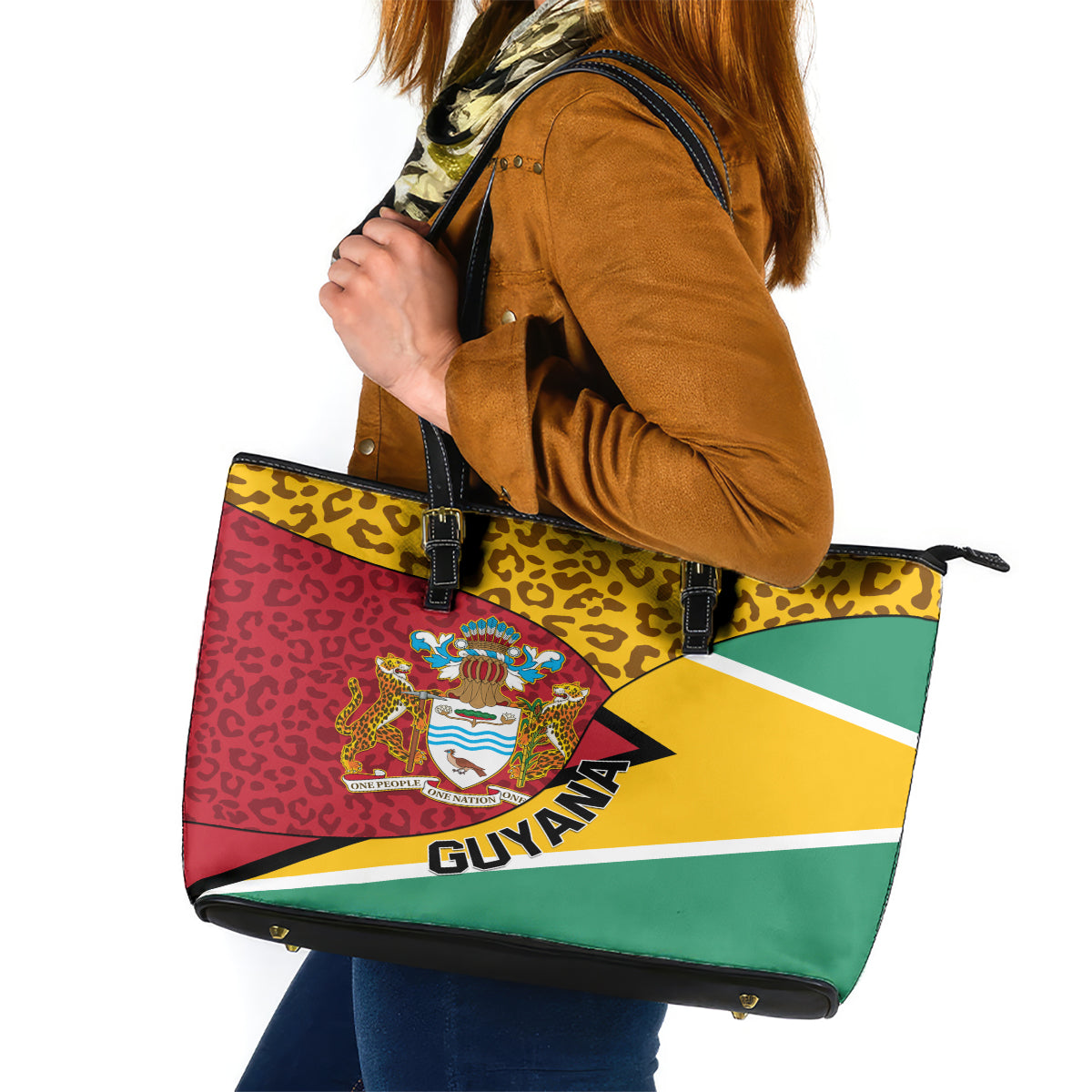 Guyana Republic Day Leather Tote Bag Coat Of Arms Leopard Pattern