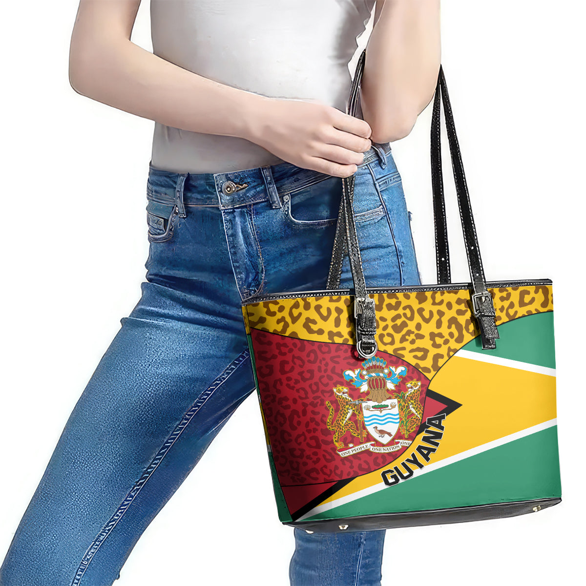 Guyana Republic Day Leather Tote Bag Coat Of Arms Leopard Pattern - Wonder Print Shop