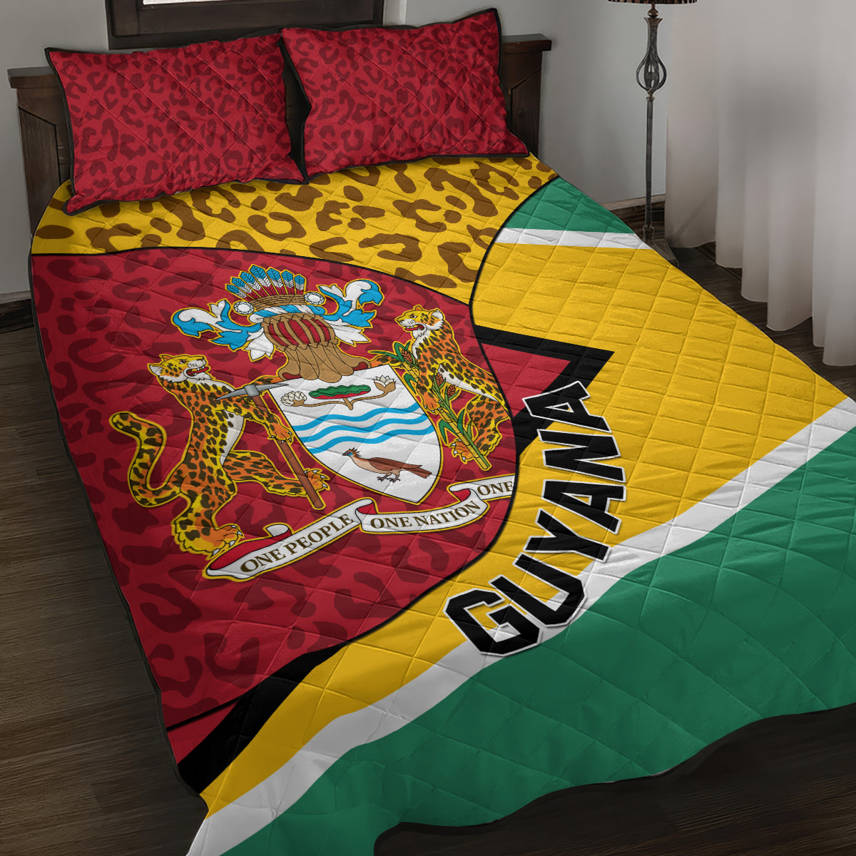 Guyana Republic Day Quilt Bed Set Coat Of Arms Leopard Pattern