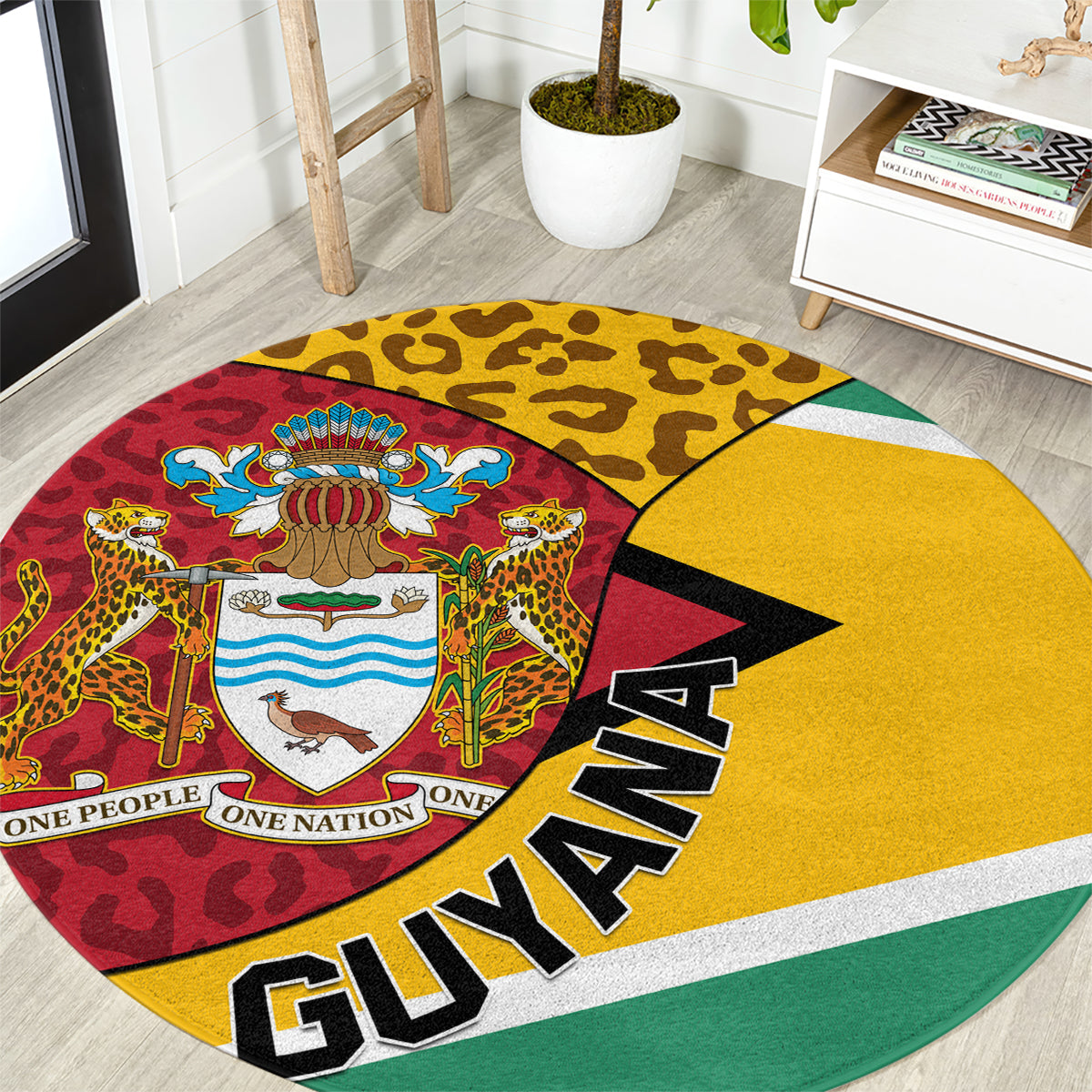 Guyana Republic Day Round Carpet Coat Of Arms Leopard Pattern