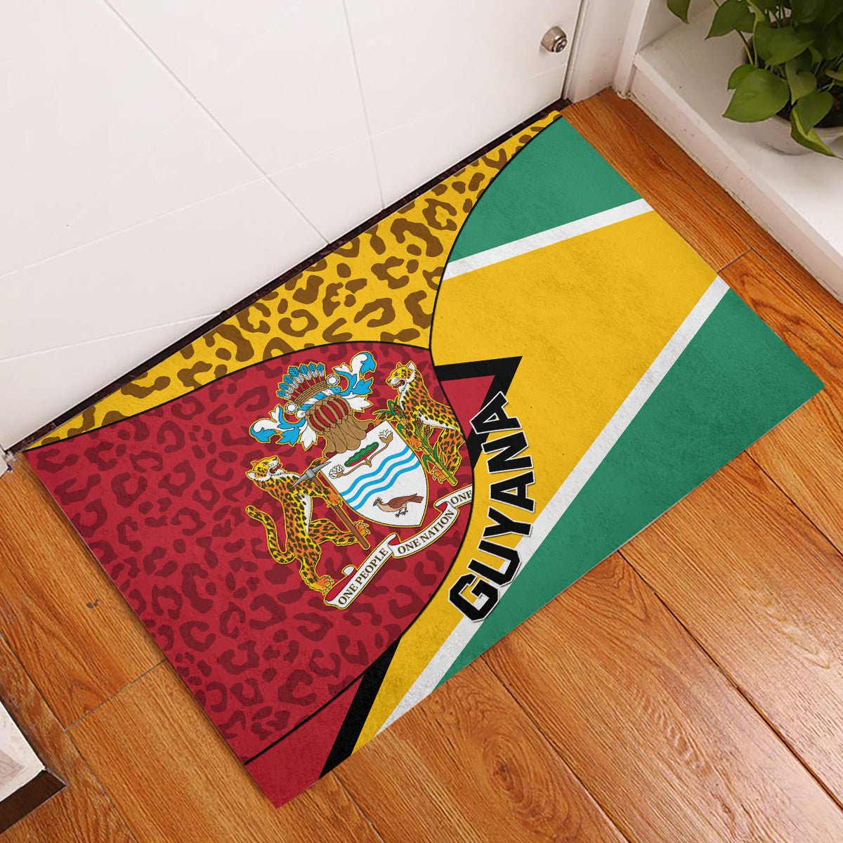 Guyana Republic Day Rubber Doormat Coat Of Arms Leopard Pattern