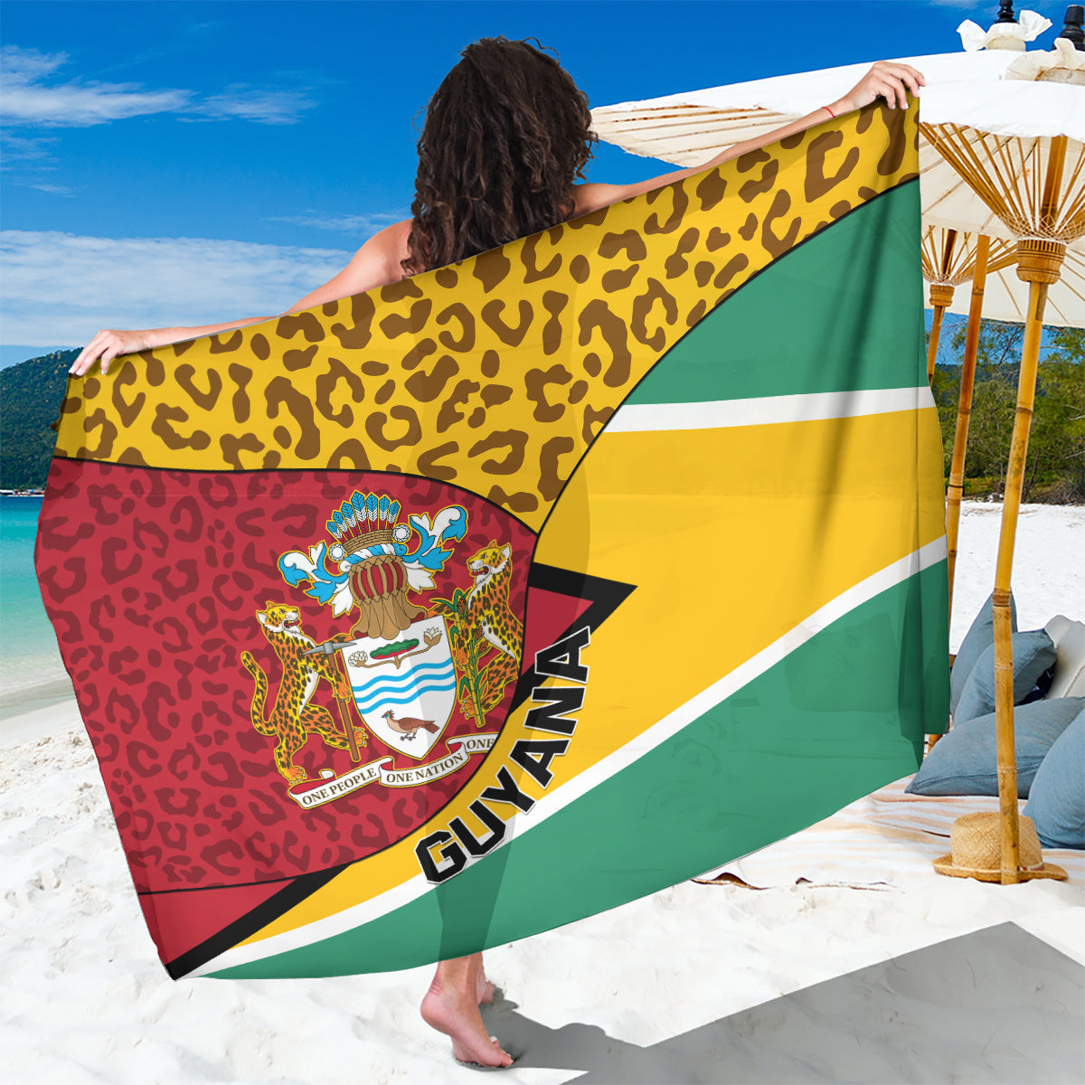 Guyana Republic Day Sarong Coat Of Arms Leopard Pattern
