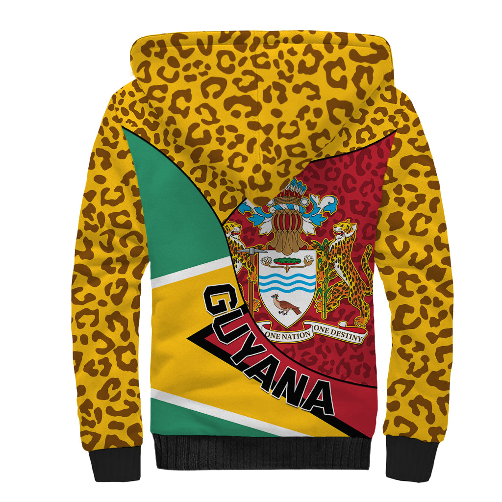 Guyana Republic Day Sherpa Hoodie Coat Of Arms Leopard Pattern - Wonder Print Shop