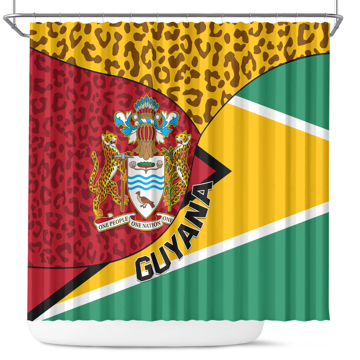 Guyana Republic Day Shower Curtain Coat Of Arms Leopard Pattern