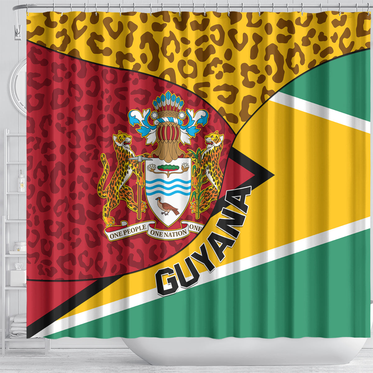 Guyana Republic Day Shower Curtain Coat Of Arms Leopard Pattern