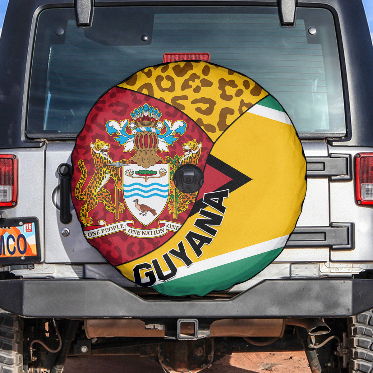 Guyana Republic Day Spare Tire Cover Coat Of Arms Leopard Pattern
