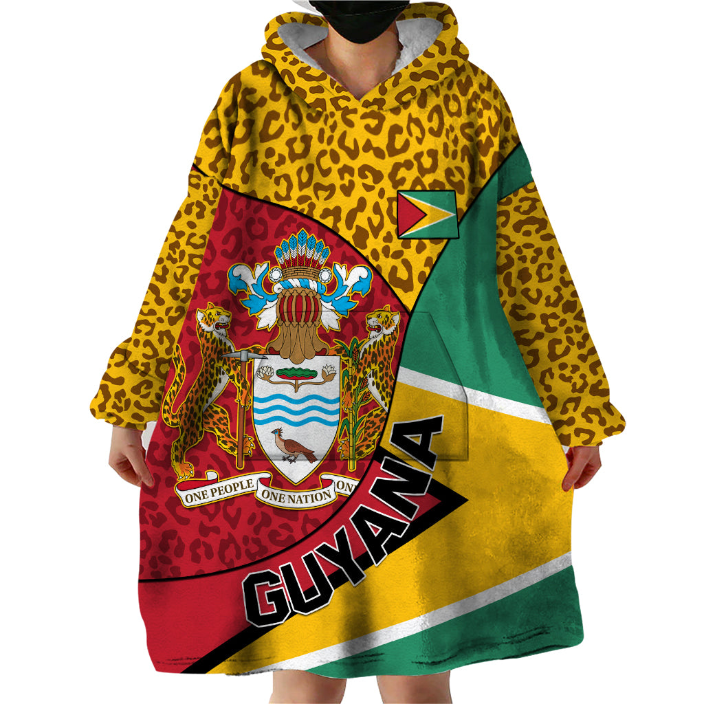 Guyana Republic Day Wearable Blanket Hoodie Coat Of Arms Leopard Pattern - Wonder Print Shop