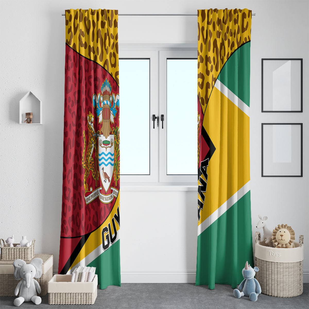 Guyana Republic Day Window Curtain Coat Of Arms Leopard Pattern - Wonder Print Shop