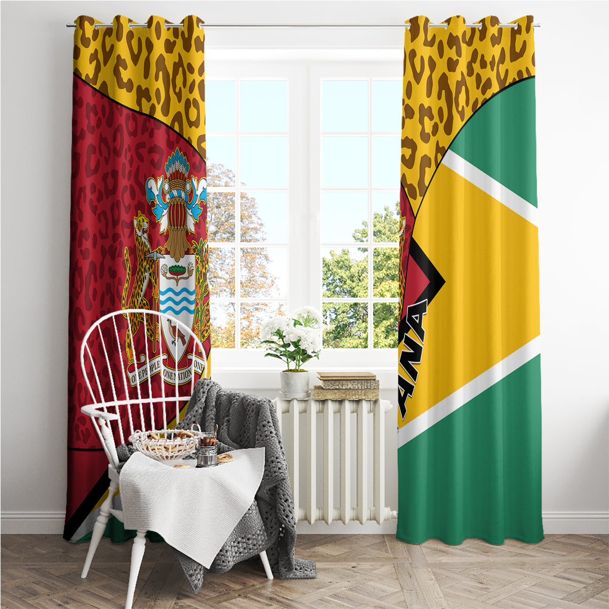Guyana Republic Day Window Curtain Coat Of Arms Leopard Pattern - Wonder Print Shop