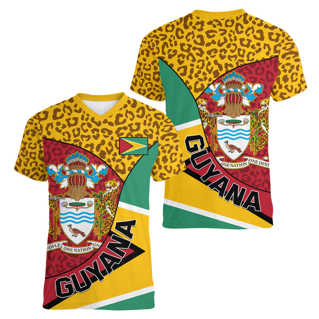 Guyana Republic Day Women V Neck T Shirt Coat Of Arms Leopard Pattern - Wonder Print Shop