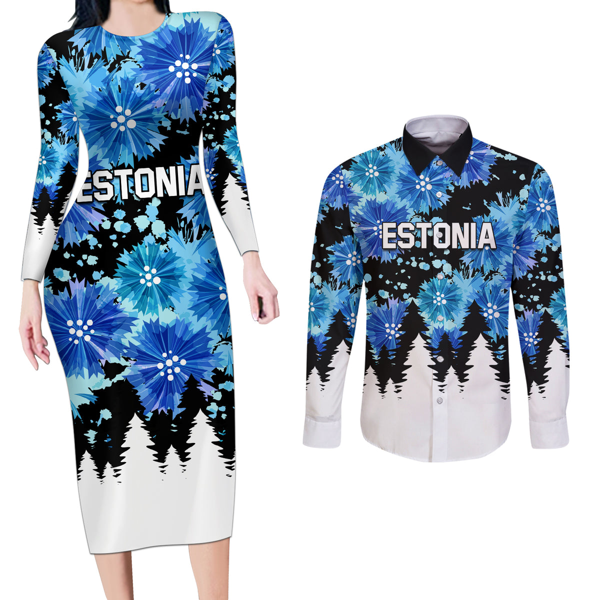 Estonia Independence Day Couples Matching Long Sleeve Bodycon Dress and Long Sleeve Button Shirt Cornflower Unique Style - Wonder Print Shop