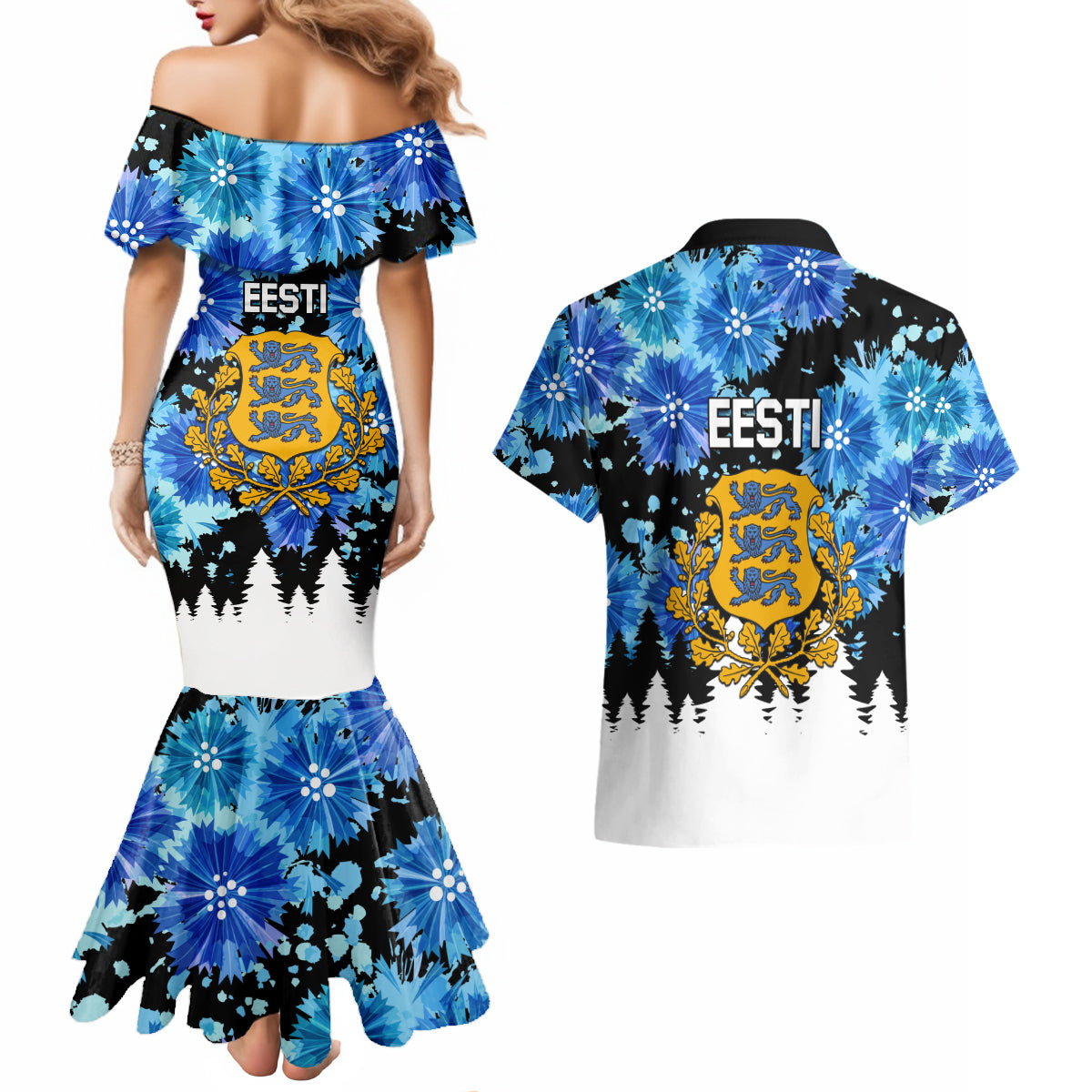 Estonia Independence Day Couples Matching Mermaid Dress and Hawaiian Shirt Cornflower Unique Style - Wonder Print Shop