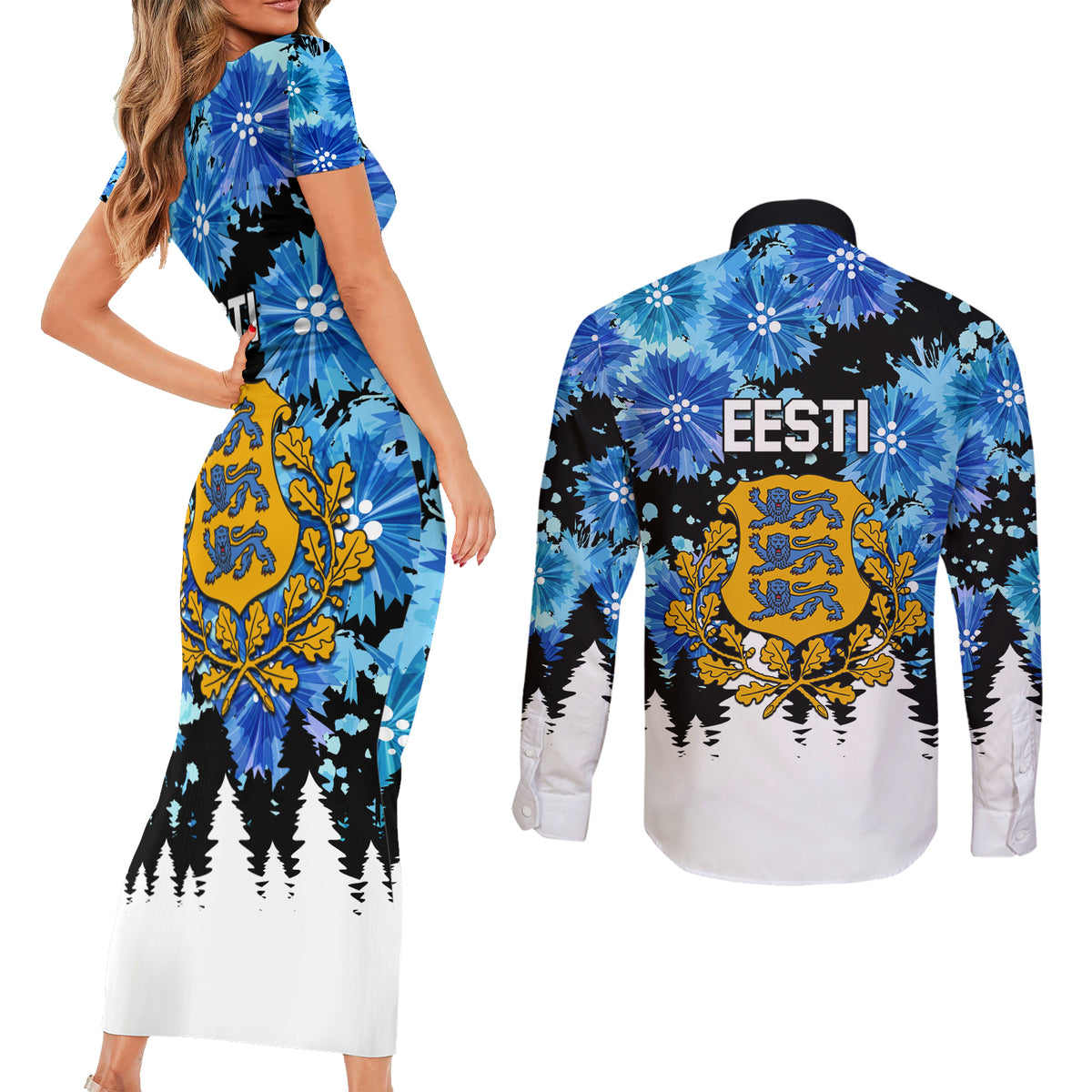 Estonia Independence Day Couples Matching Short Sleeve Bodycon Dress and Long Sleeve Button Shirt Cornflower Unique Style - Wonder Print Shop