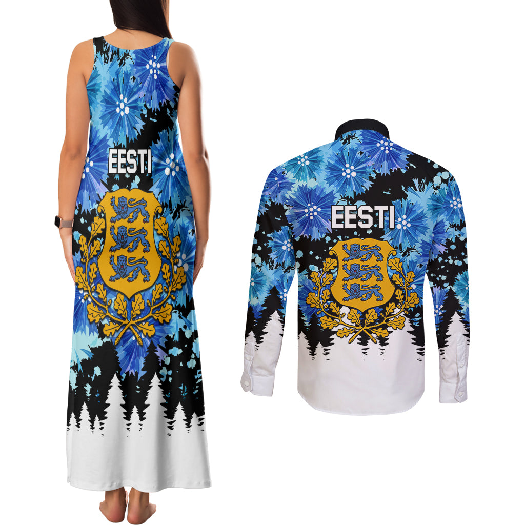 Estonia Independence Day Couples Matching Tank Maxi Dress and Long Sleeve Button Shirt Cornflower Unique Style - Wonder Print Shop