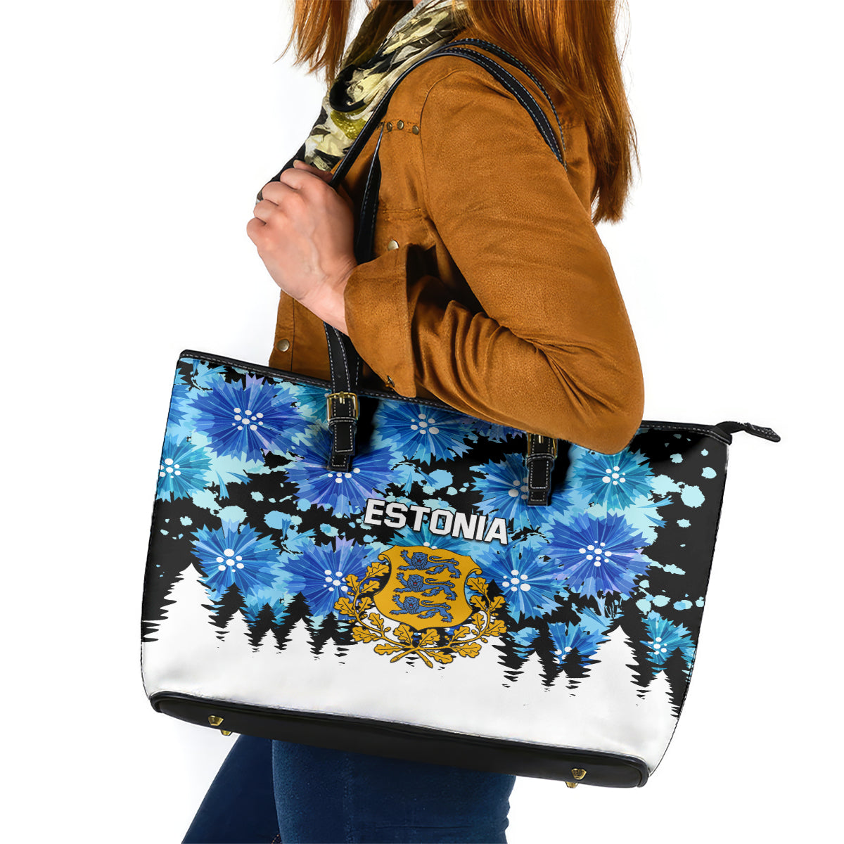 Estonia Independence Day Leather Tote Bag Cornflower Unique Style