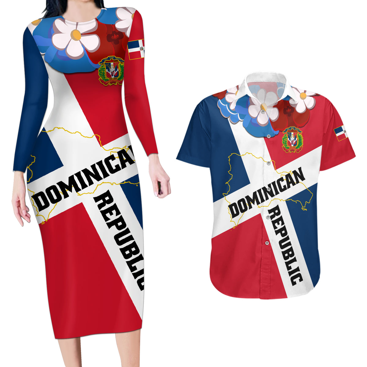 Dominican Republic Independence Day Couples Matching Long Sleeve Bodycon Dress and Hawaiian Shirt Coat Of Arms Flag Style - Wonder Print Shop