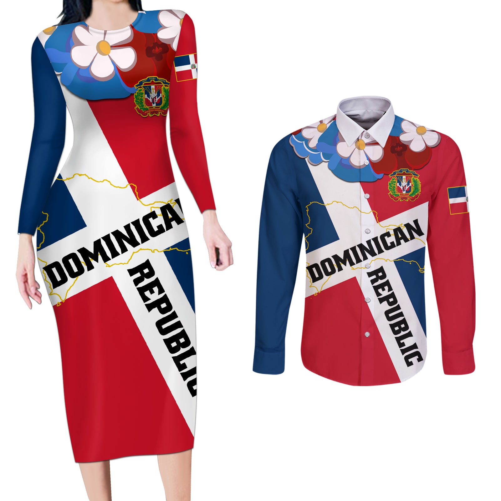 Dominican Republic Independence Day Couples Matching Long Sleeve Bodycon Dress and Long Sleeve Button Shirt Coat Of Arms Flag Style LT01