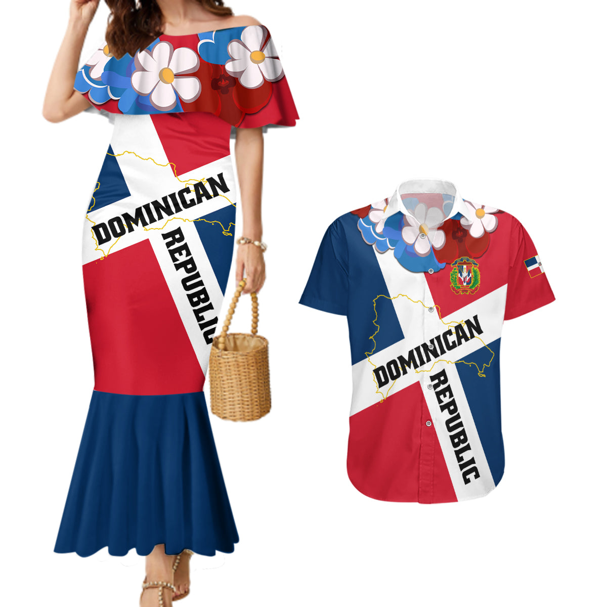 Dominican Republic Independence Day Couples Matching Mermaid Dress and Hawaiian Shirt Coat Of Arms Flag Style LT01