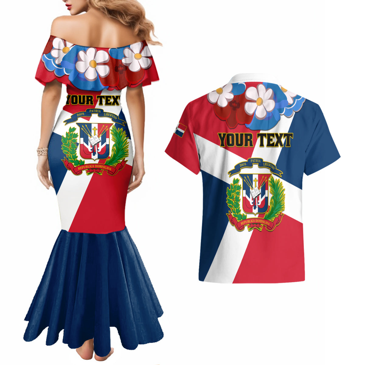 Dominican Republic Independence Day Couples Matching Mermaid Dress and Hawaiian Shirt Coat Of Arms Flag Style - Wonder Print Shop