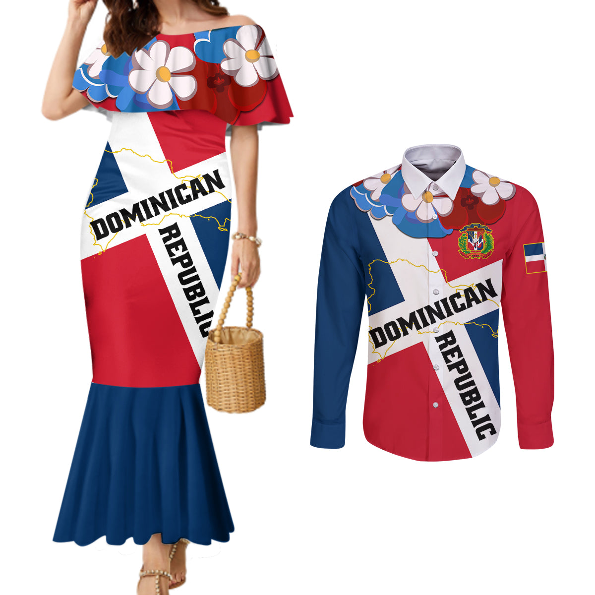 Dominican Republic Independence Day Couples Matching Mermaid Dress and Long Sleeve Button Shirt Coat Of Arms Flag Style LT01