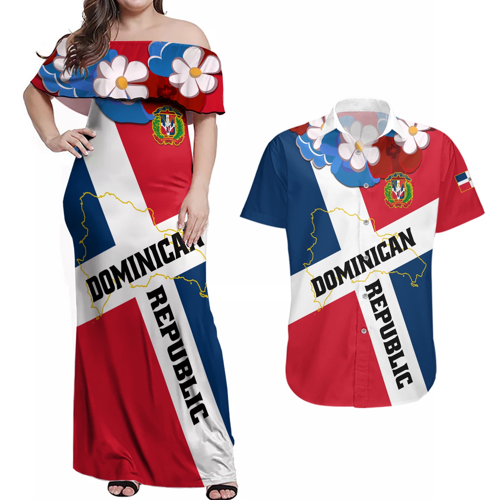 Dominican Republic Independence Day Couples Matching Off Shoulder Maxi Dress and Hawaiian Shirt Coat Of Arms Flag Style LT01