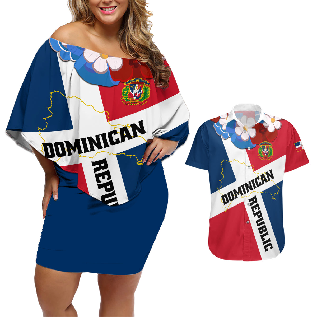 Dominican Republic Independence Day Couples Matching Off Shoulder Short Dress and Hawaiian Shirt Coat Of Arms Flag Style - Wonder Print Shop