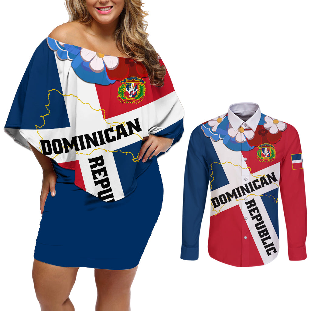 Dominican Republic Independence Day Couples Matching Off Shoulder Short Dress and Long Sleeve Button Shirt Coat Of Arms Flag Style LT01