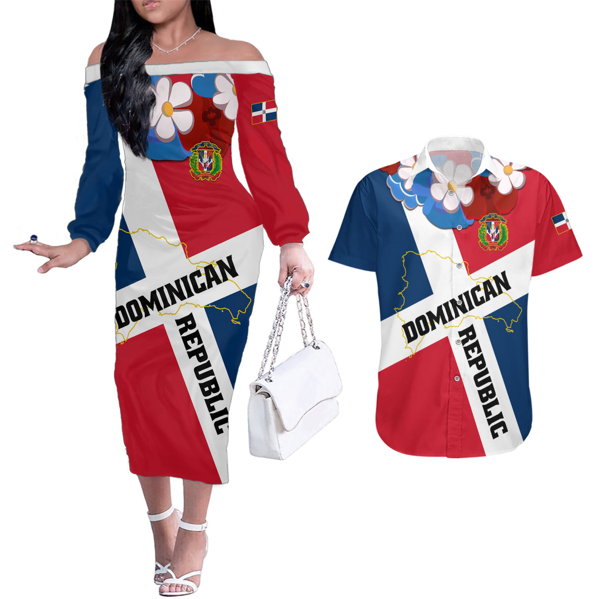 Dominican Republic Independence Day Couples Matching Off The Shoulder Long Sleeve Dress and Hawaiian Shirt Coat Of Arms Flag Style - Wonder Print Shop