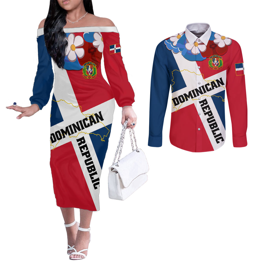 Dominican Republic Independence Day Couples Matching Off The Shoulder Long Sleeve Dress and Long Sleeve Button Shirt Coat Of Arms Flag Style LT01