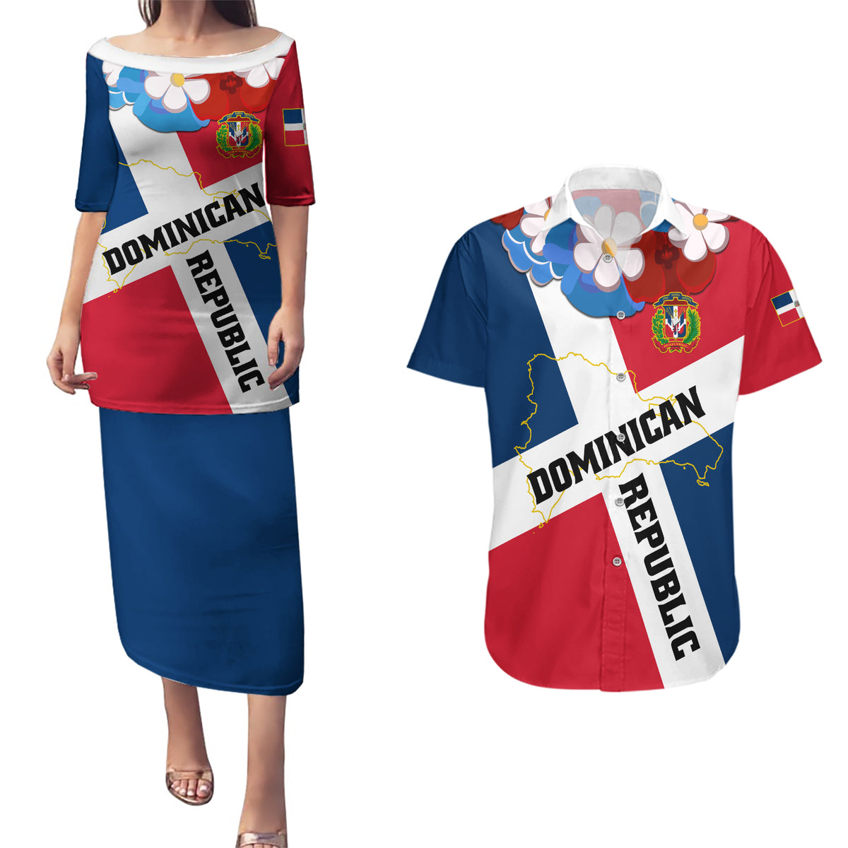 Dominican Republic Independence Day Couples Matching Puletasi and Hawaiian Shirt Coat Of Arms Flag Style - Wonder Print Shop