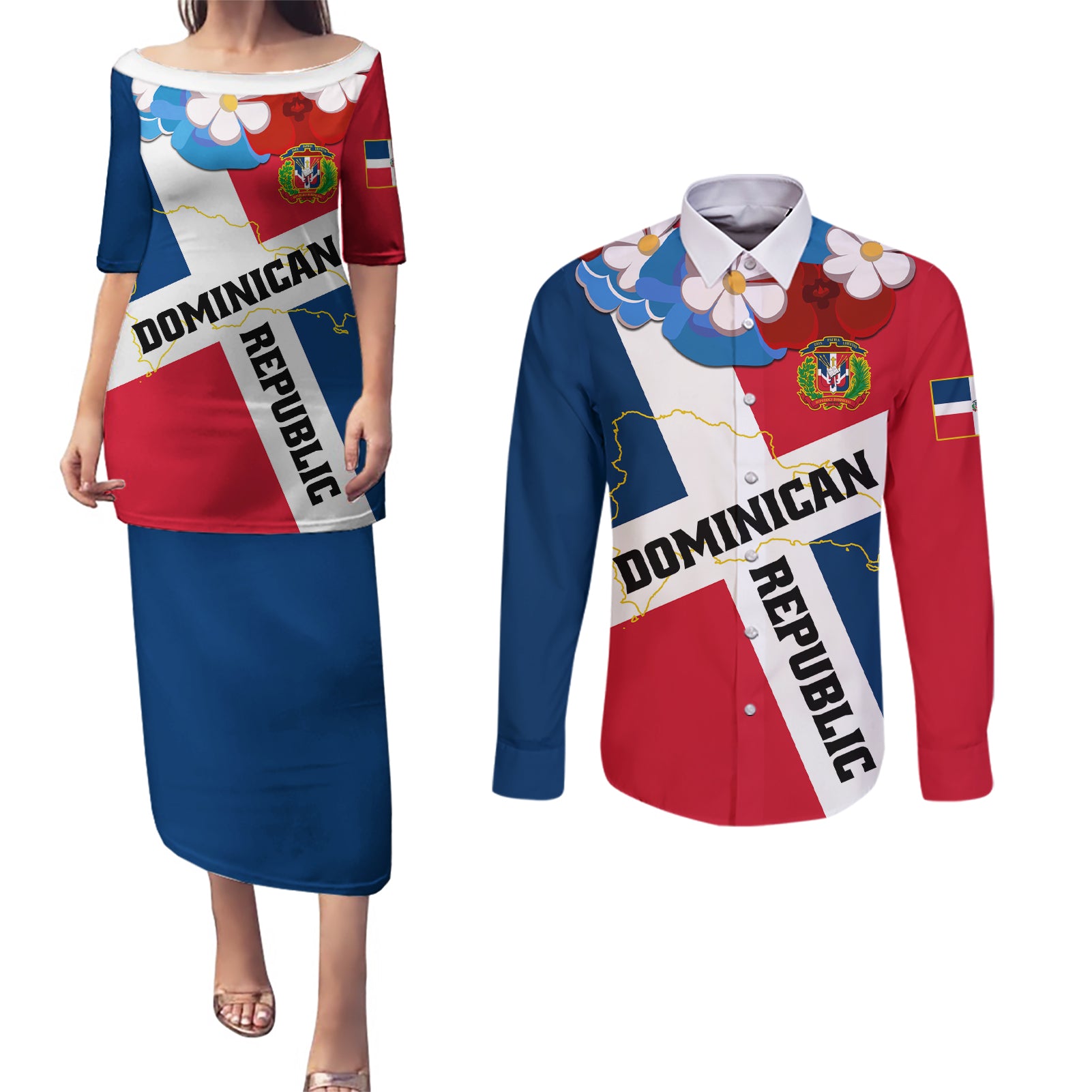 Dominican Republic Independence Day Couples Matching Puletasi and Long Sleeve Button Shirt Coat Of Arms Flag Style LT01